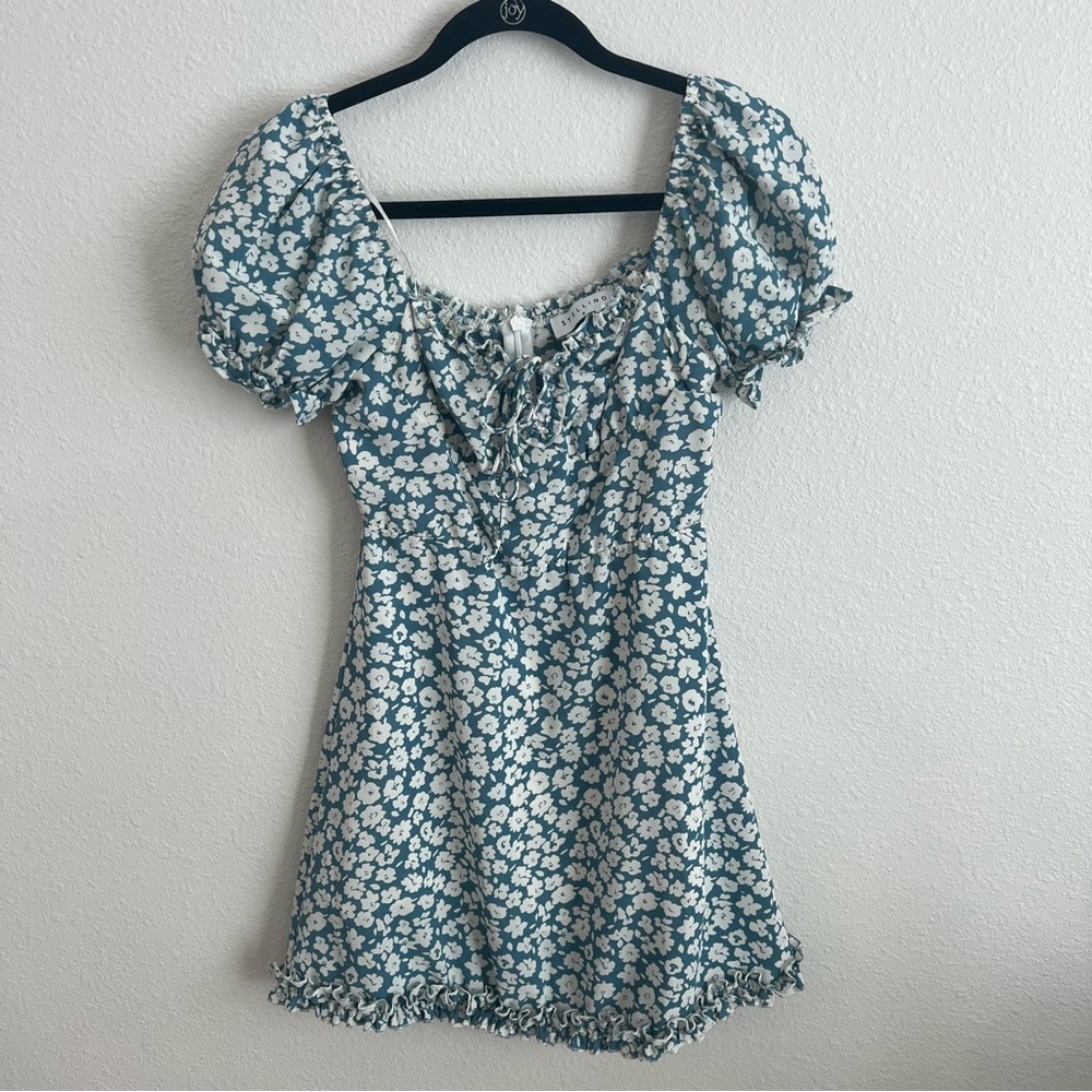 Stellino - Blue and White Flower-Patterned Puff-Sleeve Mini Dress - AUS 8 (US 4)